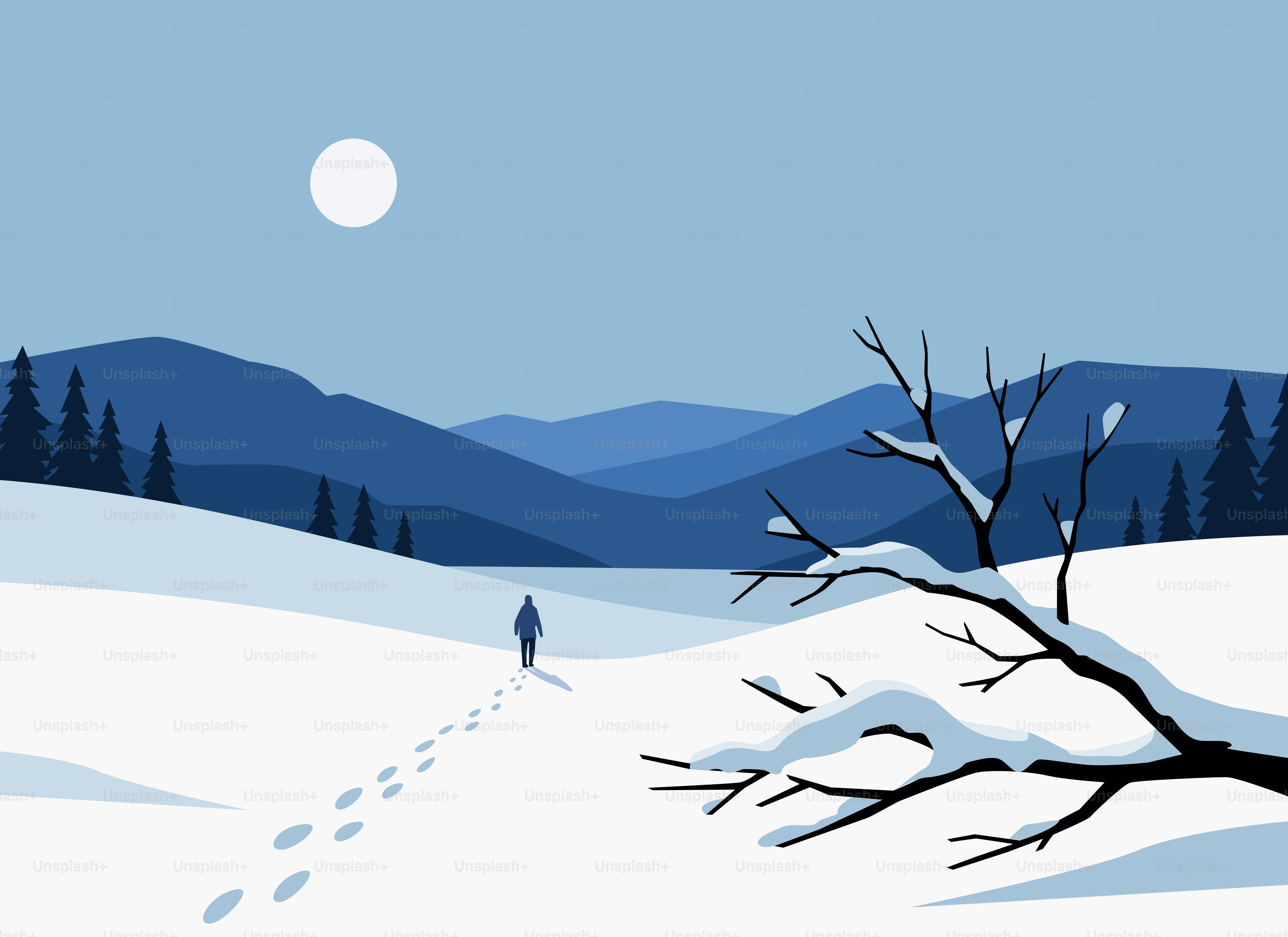 A lone figure walks through a snowy landscape