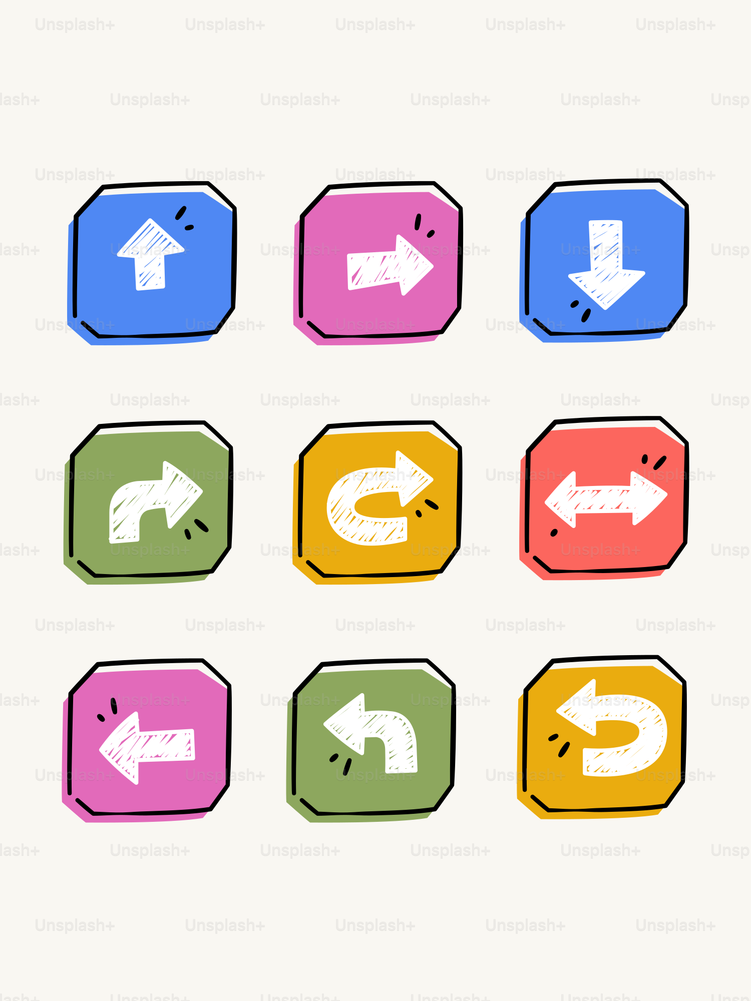 Neuf boutons colorés avec des flèches dessinées à la main.
