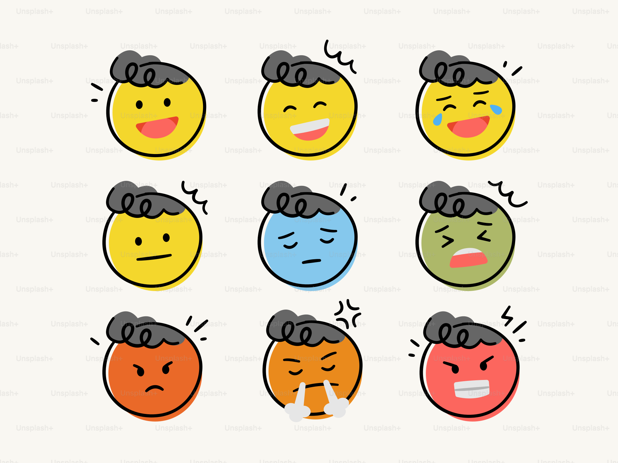 Nine cartoon faces showing different emotions
