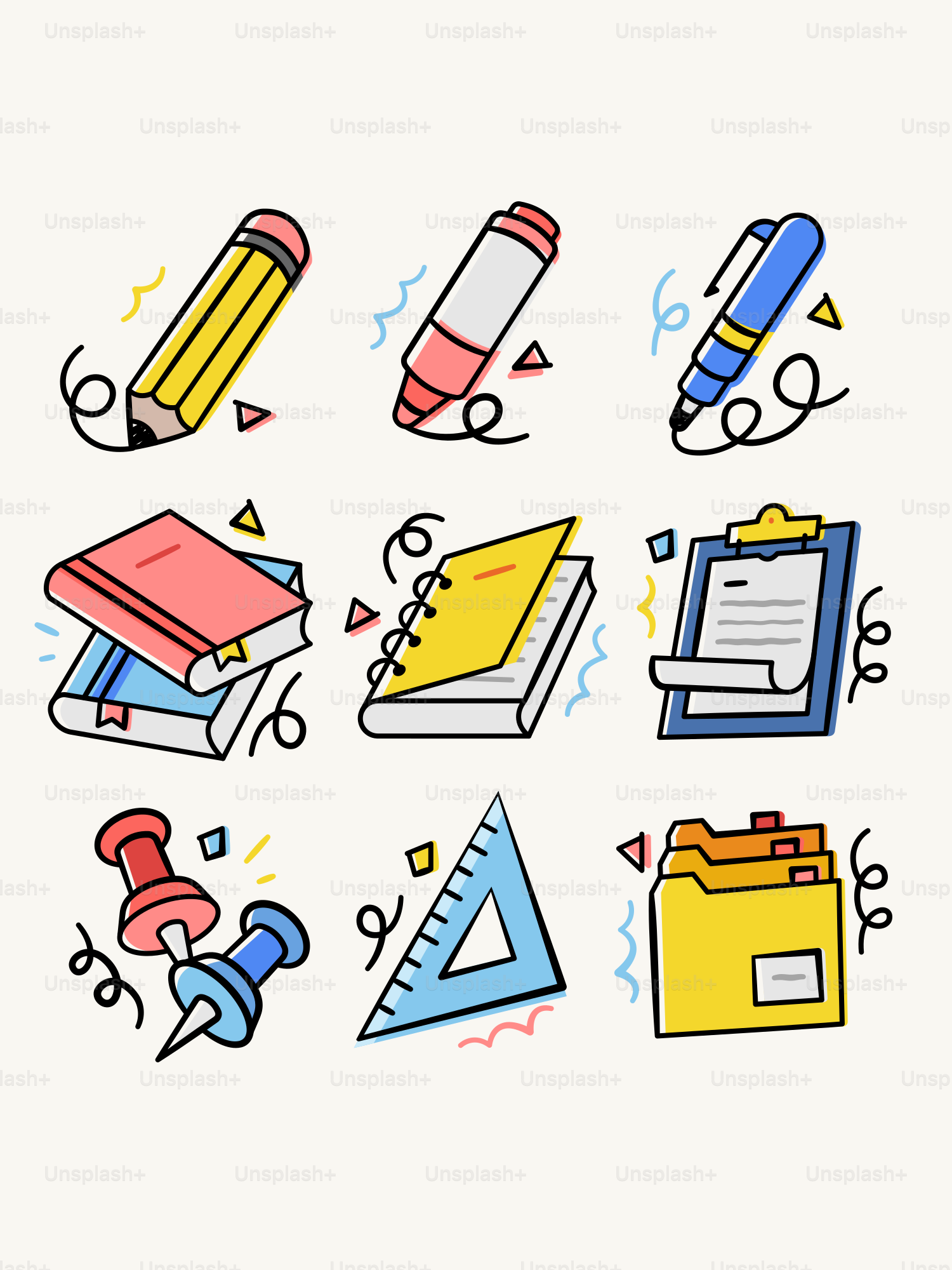 Collection of school supplies and stationery items