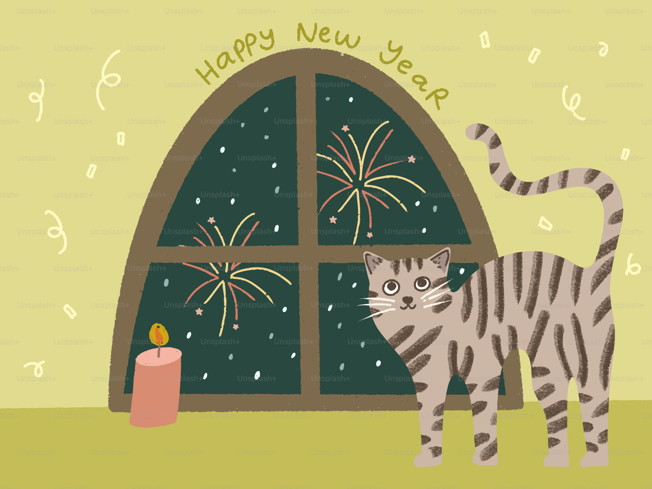 Cat watches fireworks through a window with a candle.