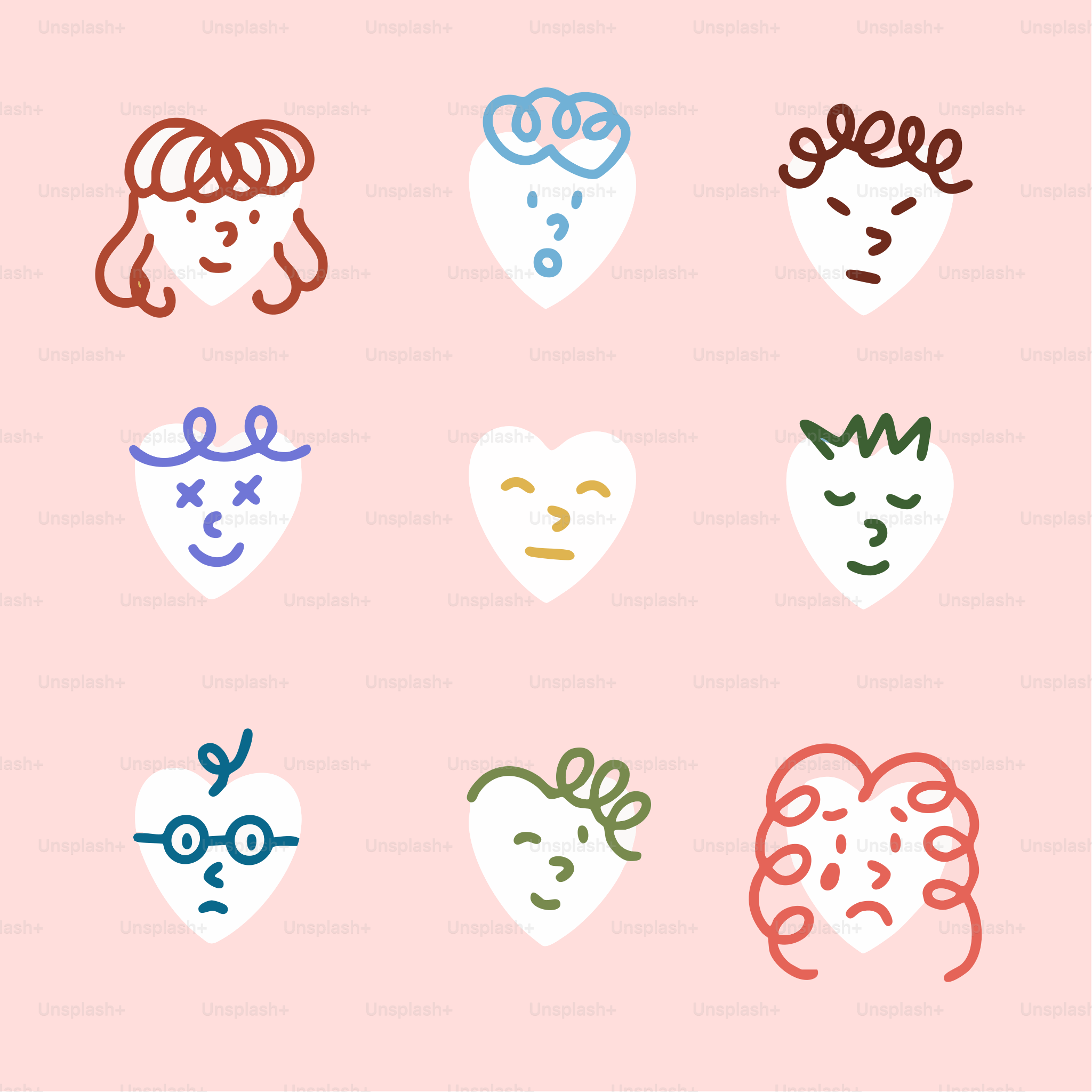 Nine heart-shaped faces with different expressions.