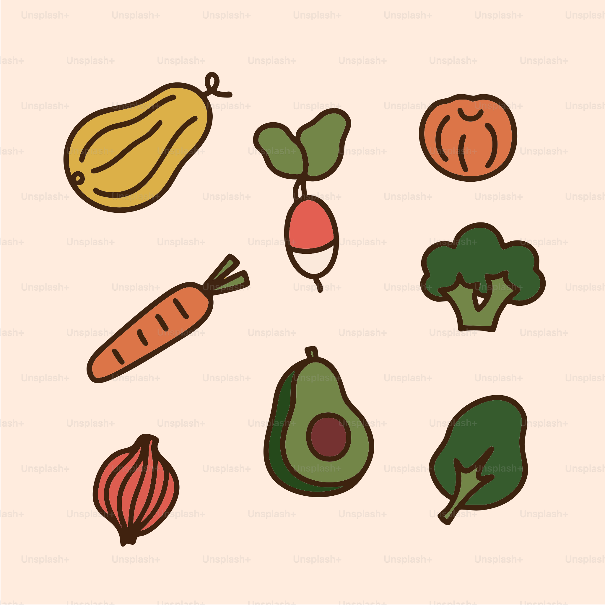 Assortment of colorful cartoon vegetables on a light background.