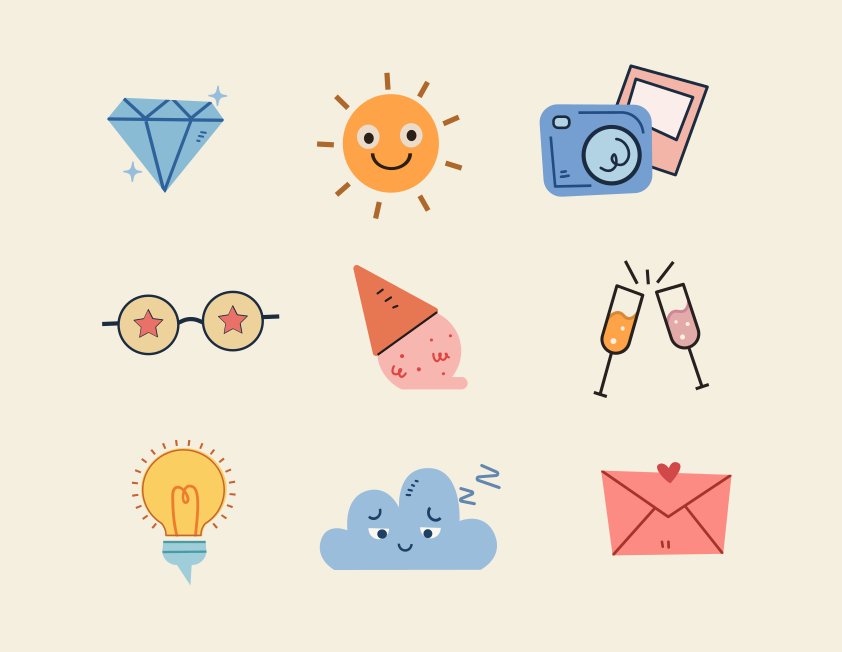 Collection of nine colorful flat icons on cream background.