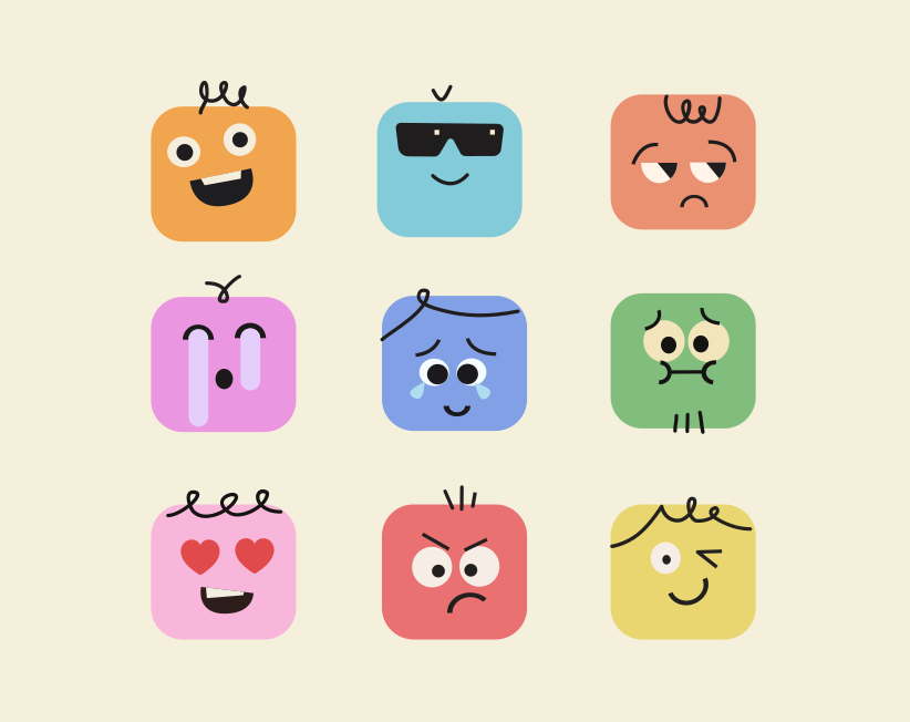 Neun cartoonartige quadratische Gesichter mit unterschiedlichen Emotionen