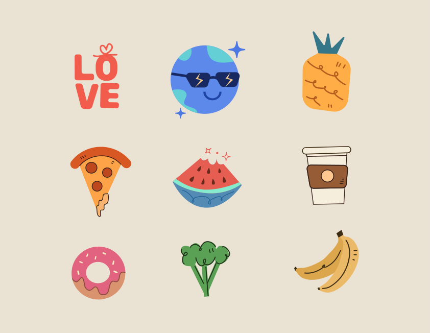 Collection of cute food and planet illustrations