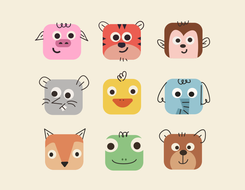 Set of nine cartoon animal faces on a cream background