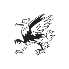A stylized black and white drawing of a bird.