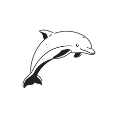 A black and white drawing of a dolphin jumping.