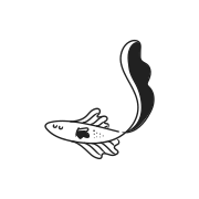 A stylized fish with a large, dark tail.