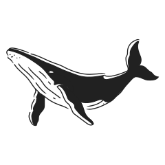 A stylized black and white whale illustration
