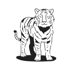 A stylized black and white drawing of a tiger.