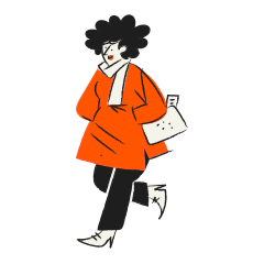 A woman with curly hair wearing an orange coat.
