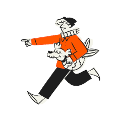 Man in orange shirt carrying a dog and pointing.