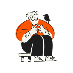 Man with bird on shoulder sitting on bench