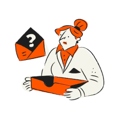 Femme tenant une boîte ouverte avec une enveloppe en forme de point d’interrogation