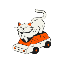 A white cat sits on top of a toy car.