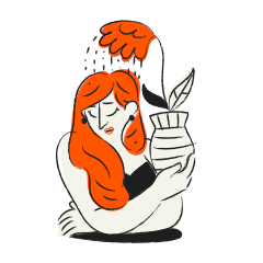 Woman with red hair holding a potted plant