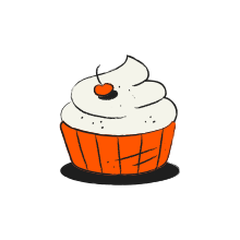 A cartoon cupcake with white frosting and cherry
