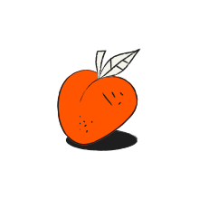 A cartoon peach with a leaf and stem.