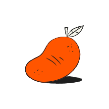 A cartoonish orange mango with a leaf stem.