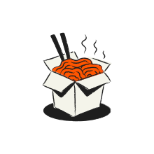 Takeout box filled with steaming noodles and chopsticks