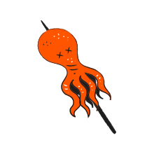 A cartoon octopus on a skewer