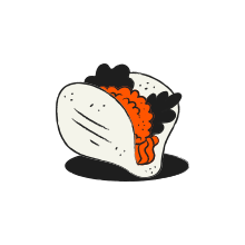 A stylized drawing of a taco with orange filling.
