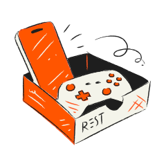 Controlador de jogo e telefone em uma caixa rotulada caixa