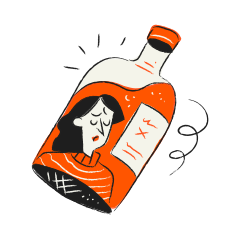 Woman trapped inside a bottle with label