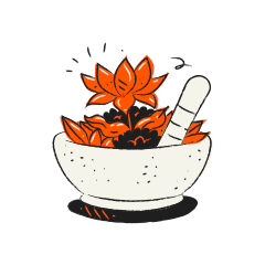 Mortar and pestle with orange flower and leaves