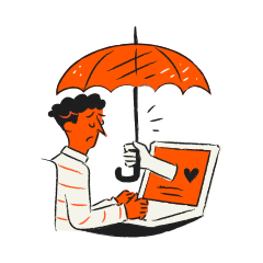 Hand holding umbrella over person and laptop