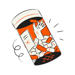 Hand reaching out from pill bottle filled with pills.