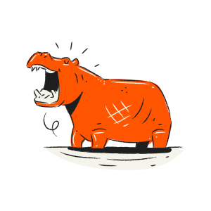 An orange hippo with its mouth wide open.