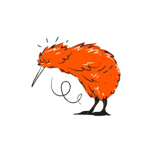 Un kiwi orange de dessin animé avec une queue bouclée.