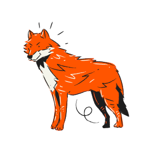 A stylized orange fox with white markings stands alert.
