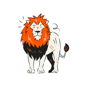 A stylized lion with an orange mane and white body.