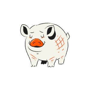 A cute cartoon pig with a red nose.