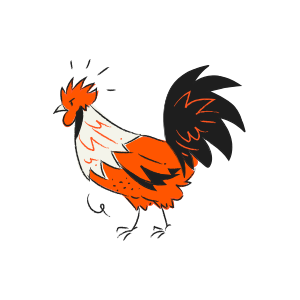 A cartoon rooster with orange and white feathers.