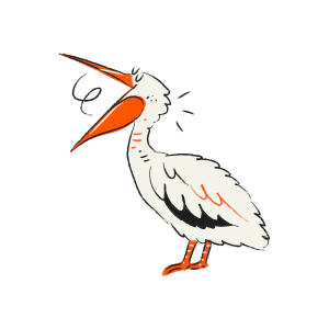 Un pélican de dessin animé avec le bec grand ouvert.