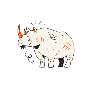 A cartoon rhino with scars and a curly tail.