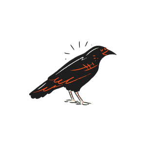 A stylized black crow with orange accents