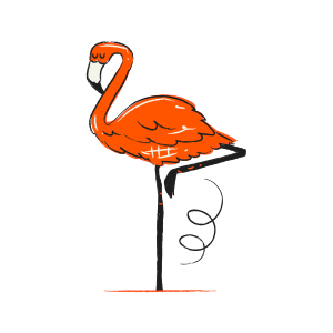 A stylized orange flamingo stands on one leg.