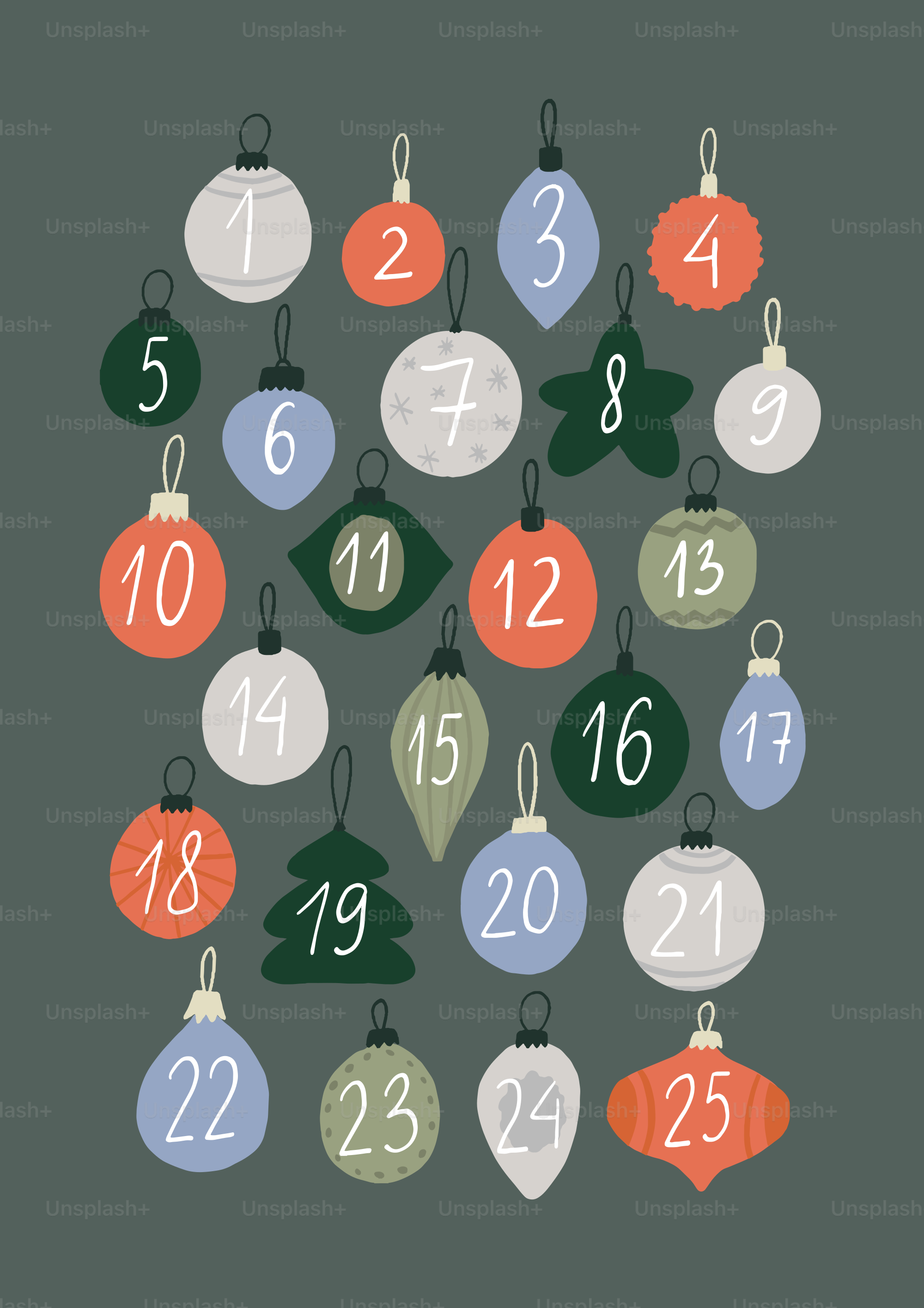 Weihnachtsschmuck von eins bis fünfundzwanzig