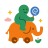 Green figure rides orange elephant holding lollipop