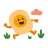 A cartoon fried egg character running happily outdoors.