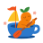 Orange character rowing a boat shaped like a teacup