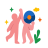 Two pink figures high-fiving with a blue disc.