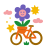 Une fleur souriante fait du vélo sous le soleil