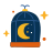 A dark blue birdcage with a crescent moon inside.